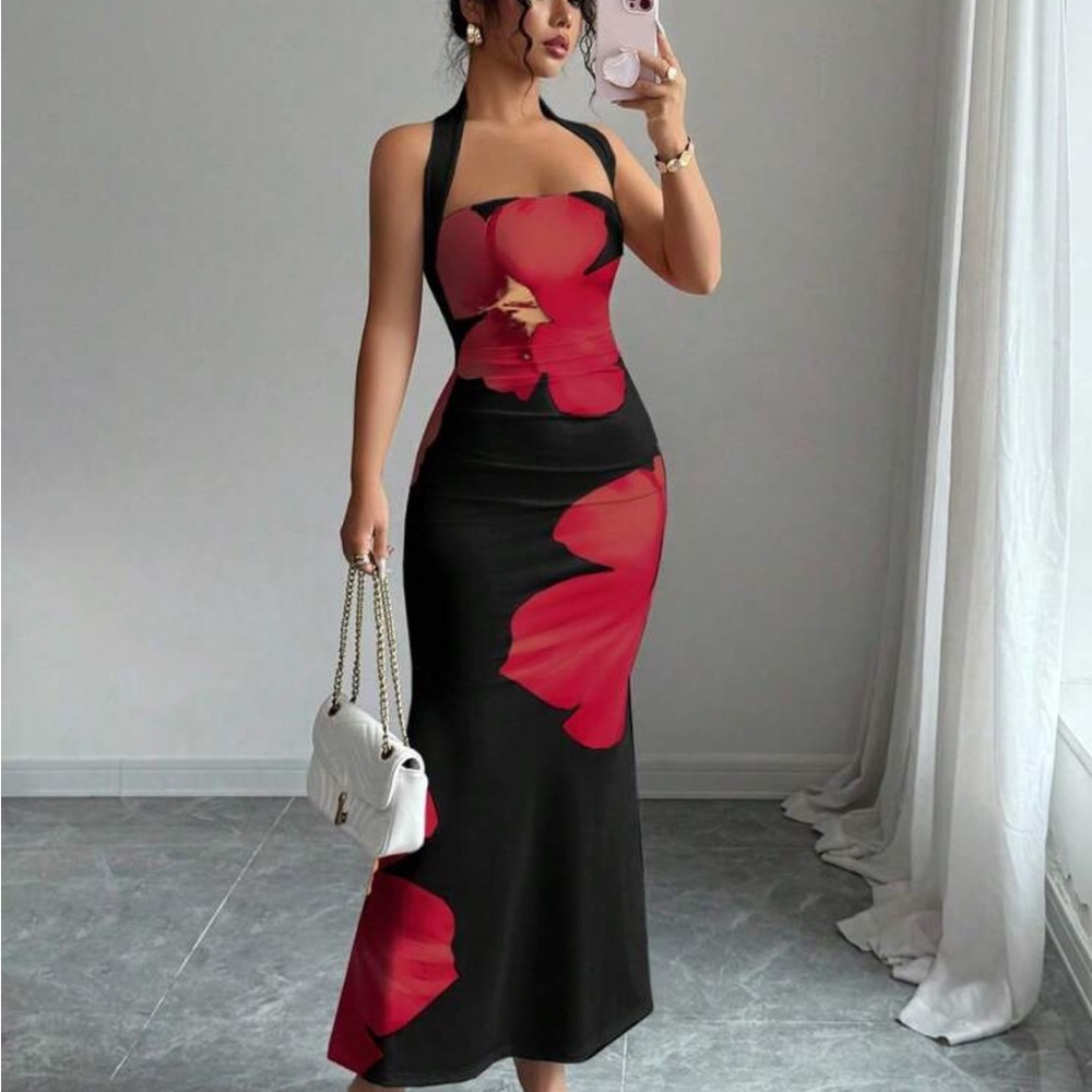 Elegant Black and Red Floral Maxi Dress